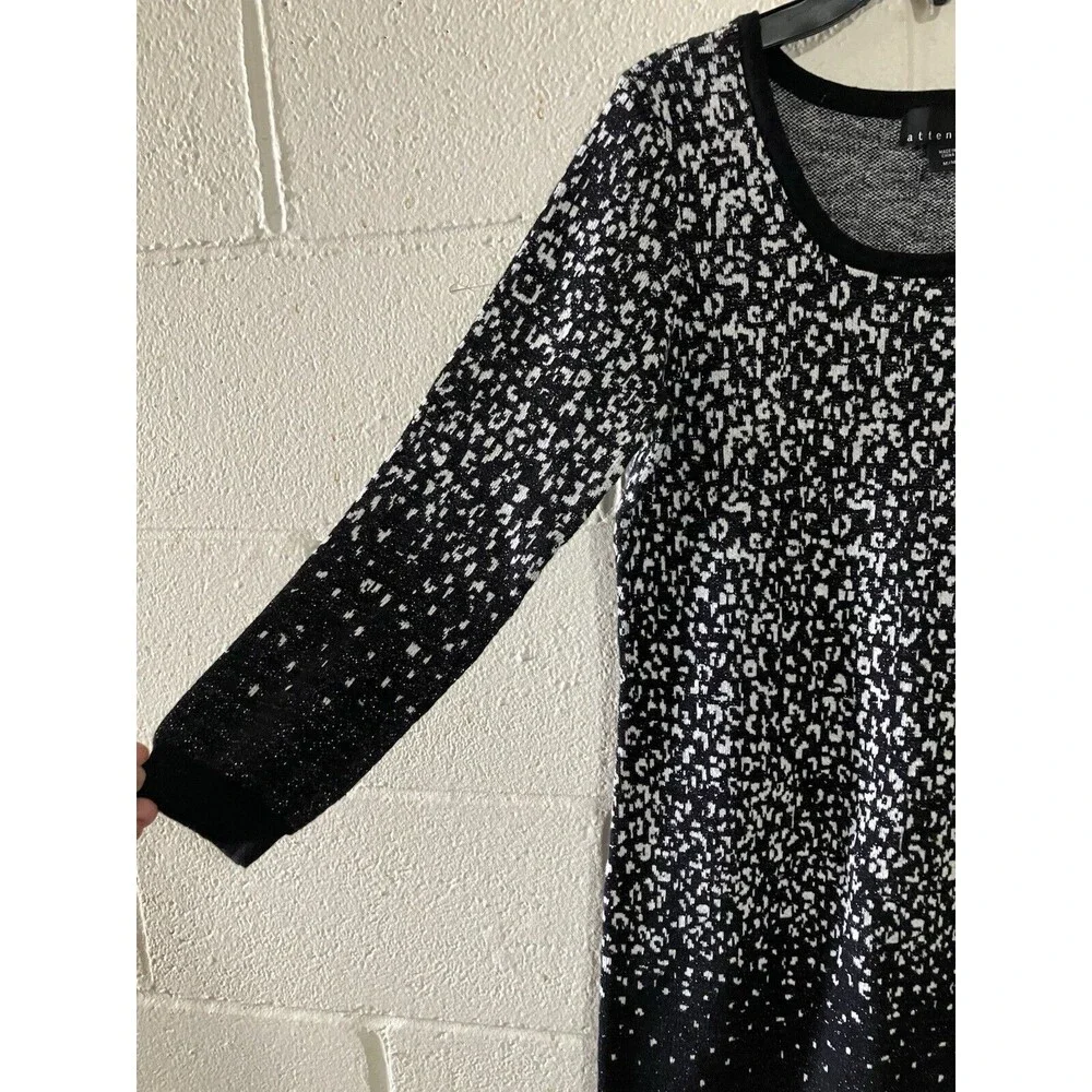 Attention Womens Size M Black White Knit Metallic Sheath Dress Long Sleeves